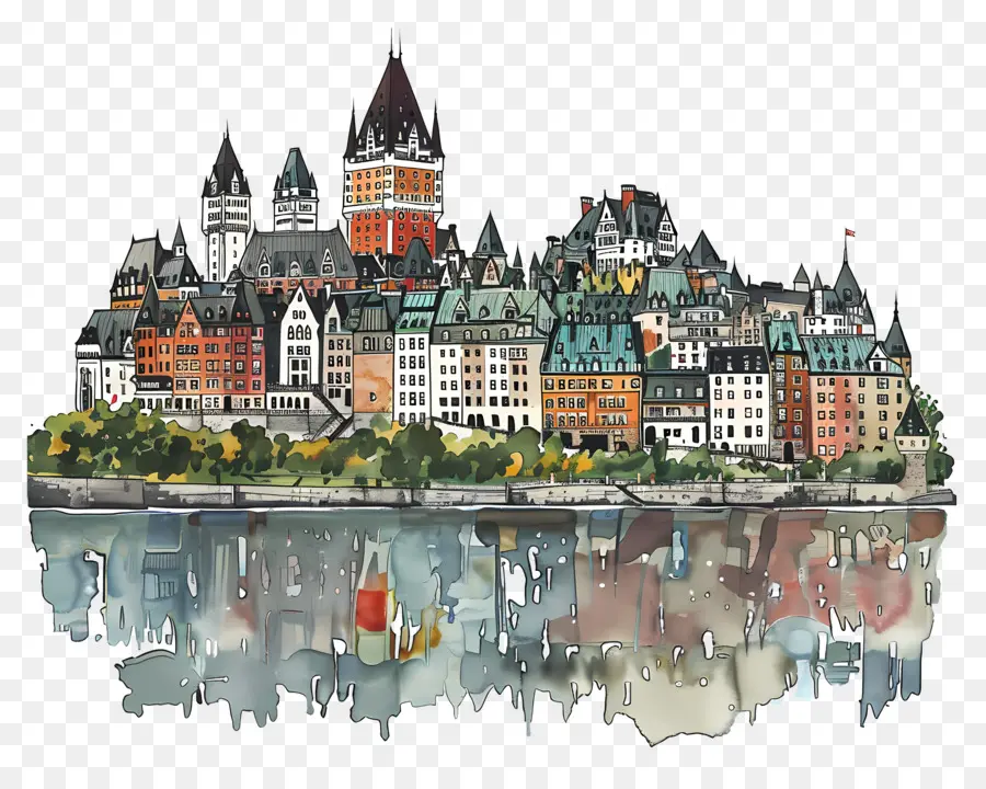 A Cidade De Quebec Horizonte，Pintura Em Aquarela PNG