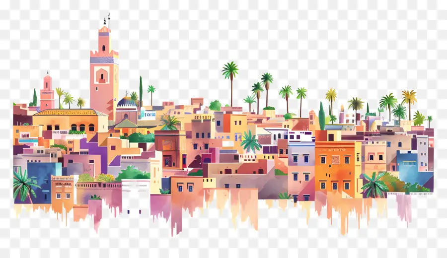Marrakech，Paisagem Urbana Em Aquarela PNG