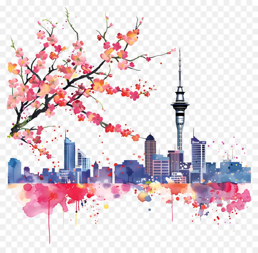 Auckland Skyline，Paisagem Urbana Em Aquarela PNG