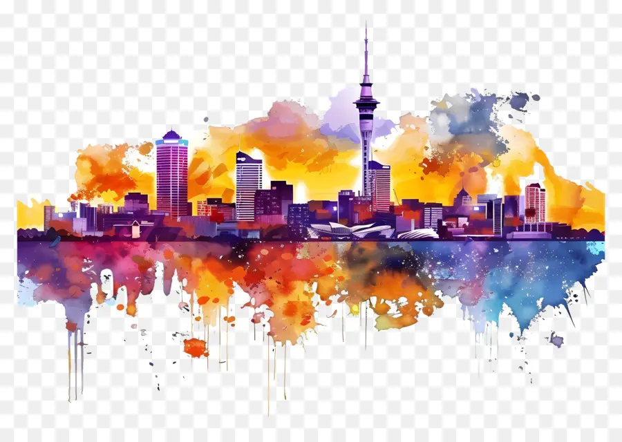Auckland Skyline，Pintura Em Aquarela PNG