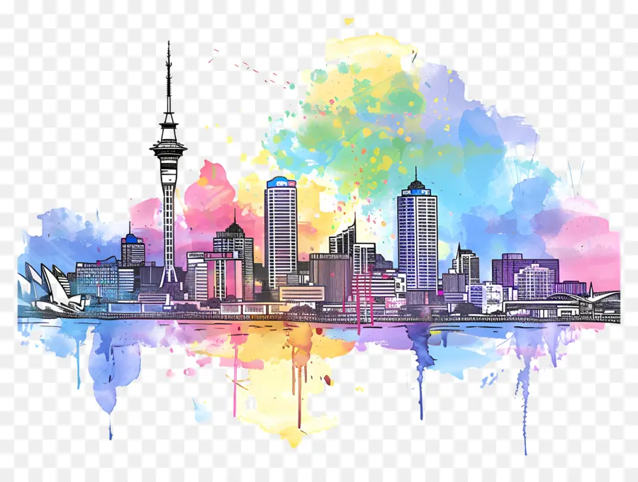 Auckland Skyline，Pintura Em Aquarela PNG