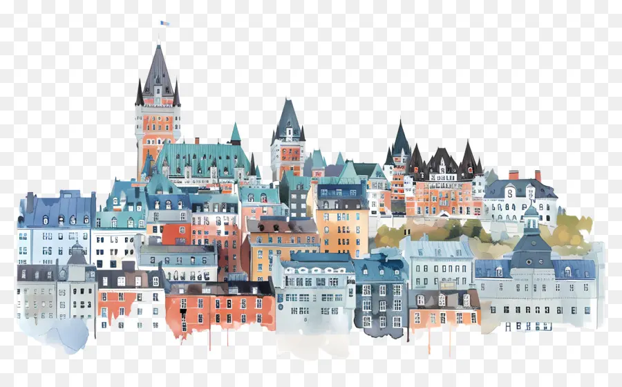A Cidade De Quebec Horizonte，Pintura Em Aquarela PNG