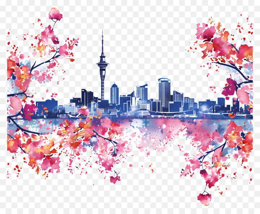 Auckland Skyline，Pintura Em Aquarela PNG