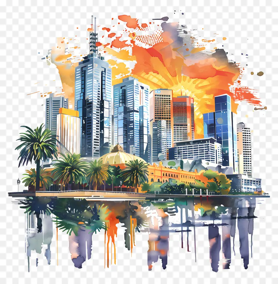 Skyline Da Cidade De Melbourne，Pintura Em Aquarela PNG