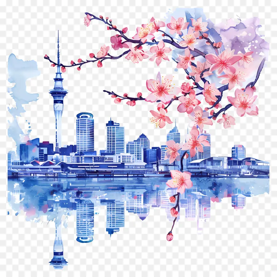 Auckland Skyline，Pintura Em Aquarela PNG