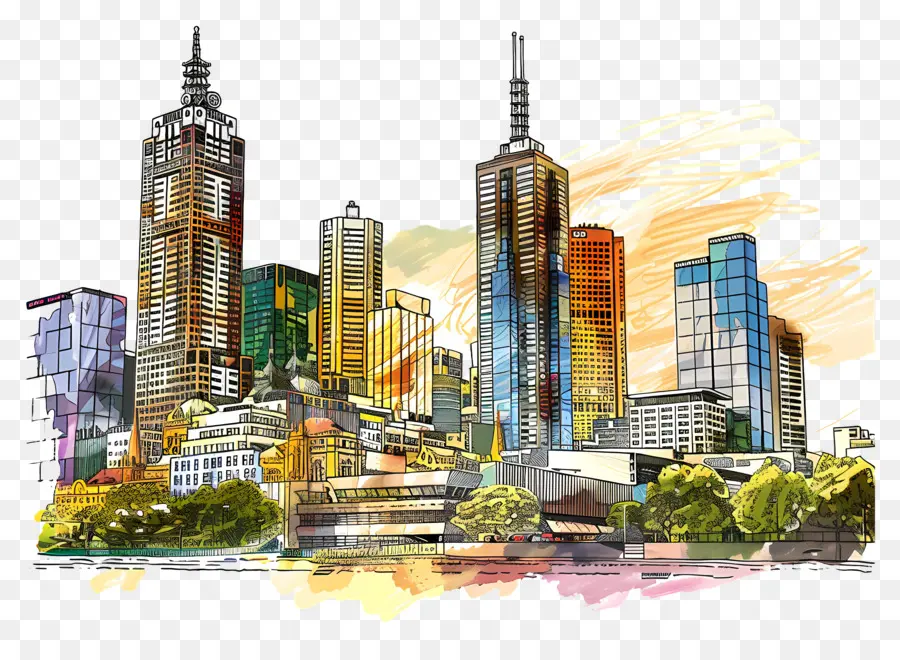 Skyline Da Cidade De Melbourne，Pintura Em Aquarela PNG
