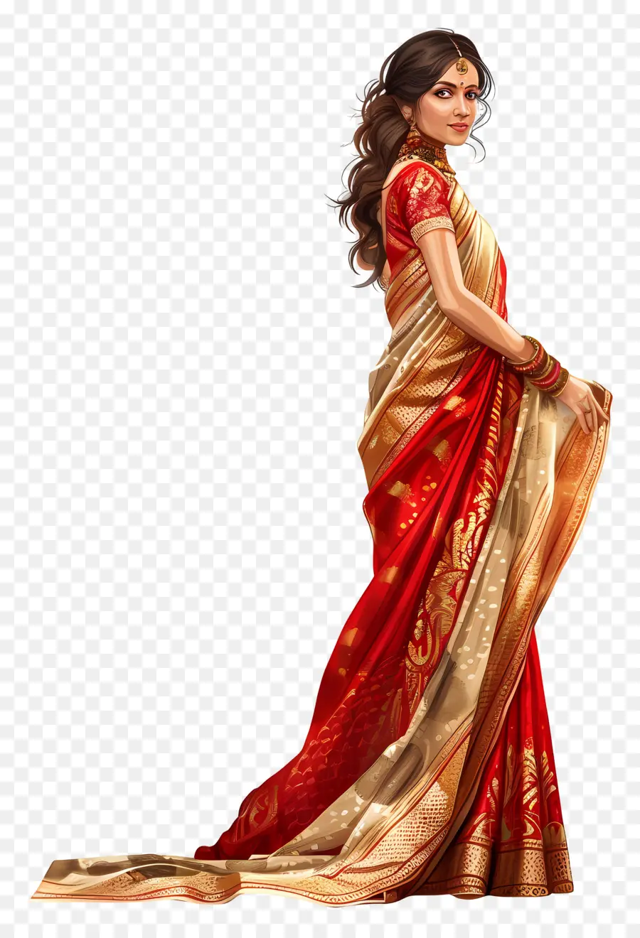 Banarasi Bom，Sari Vermelho E Dourado PNG