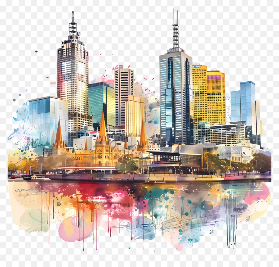 Skyline Da Cidade De Melbourne，Paisagem Urbana Em Aquarela PNG