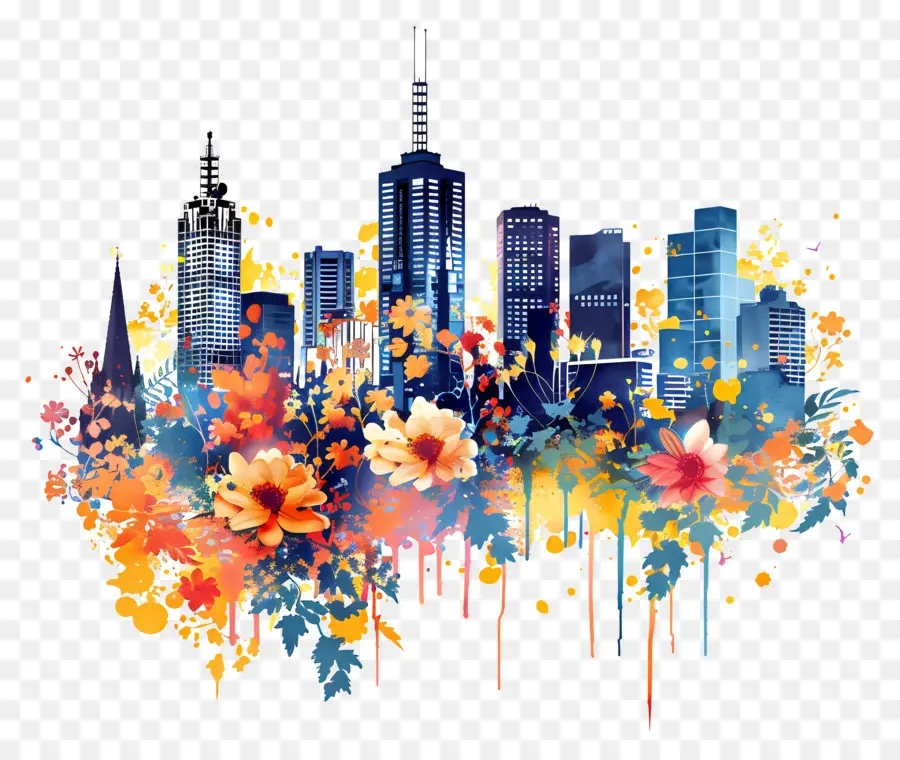 Horizonte Da Cidade De Melbourne，Paisagem Urbana Com Flores PNG