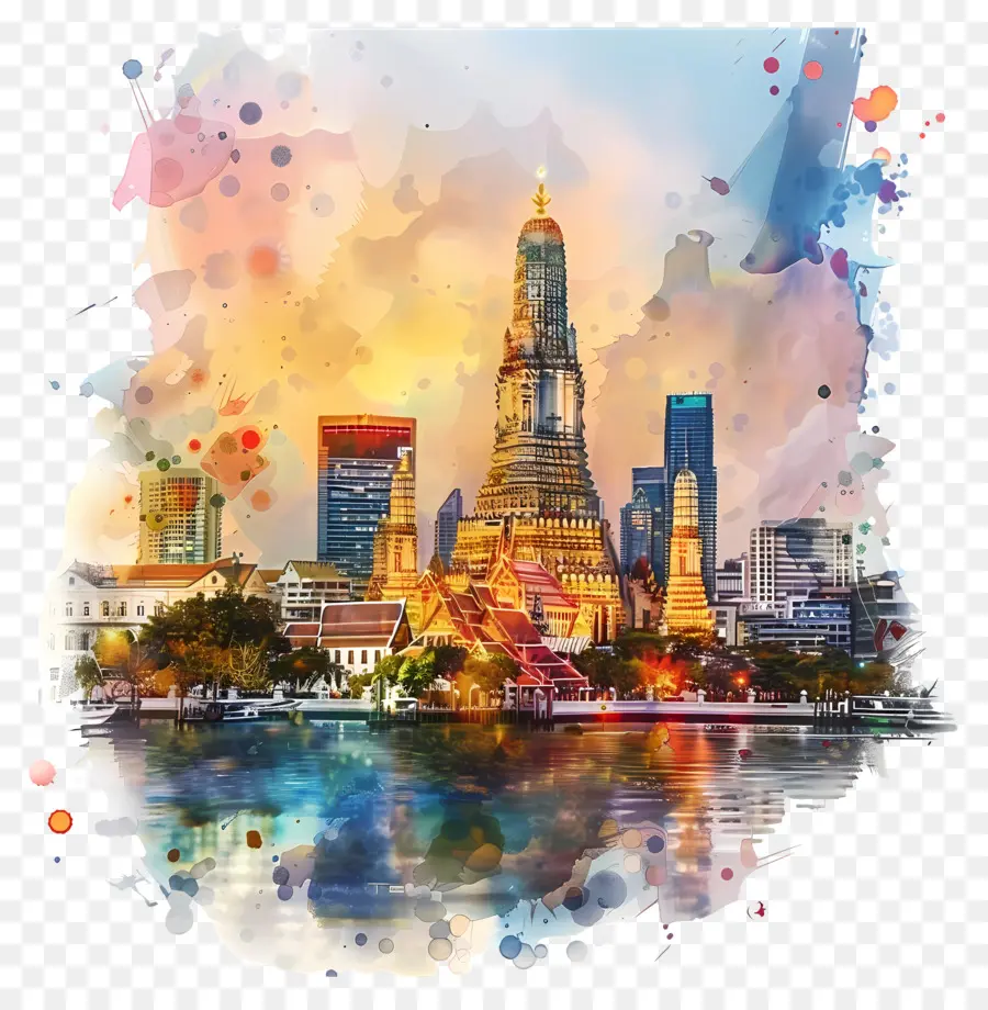 Skyline De Bangkok，Pintura Em Aquarela PNG