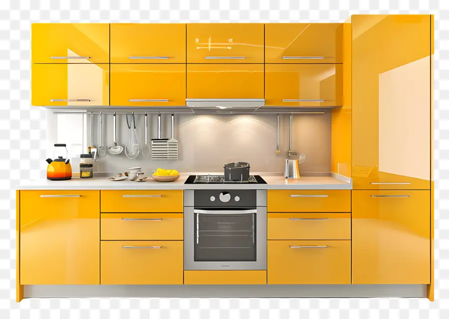 Cozinha Moderna，Armários Amarelos PNG
