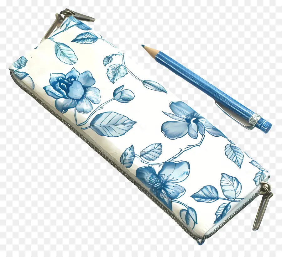 Bolsa De Lápis，Azul Desenho Floral PNG