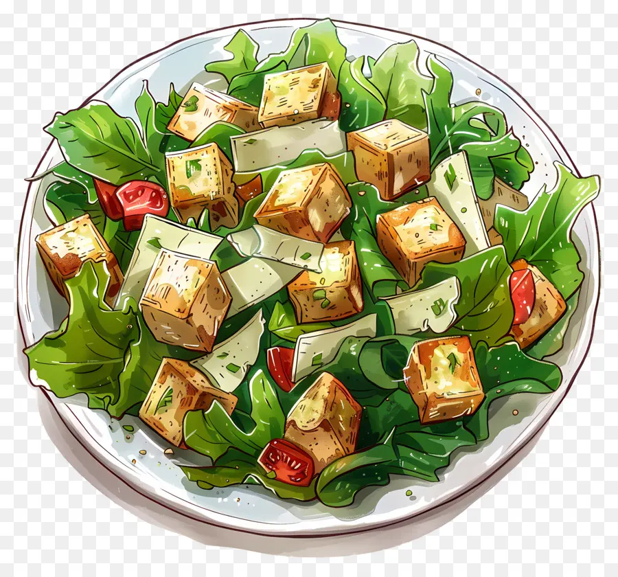 Salada César，Salada De Tofu Frito PNG