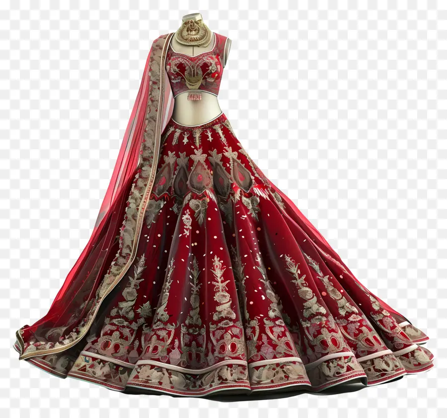 Vestido De Noiva Indiano，Bordado Vermelho E Dourado PNG
