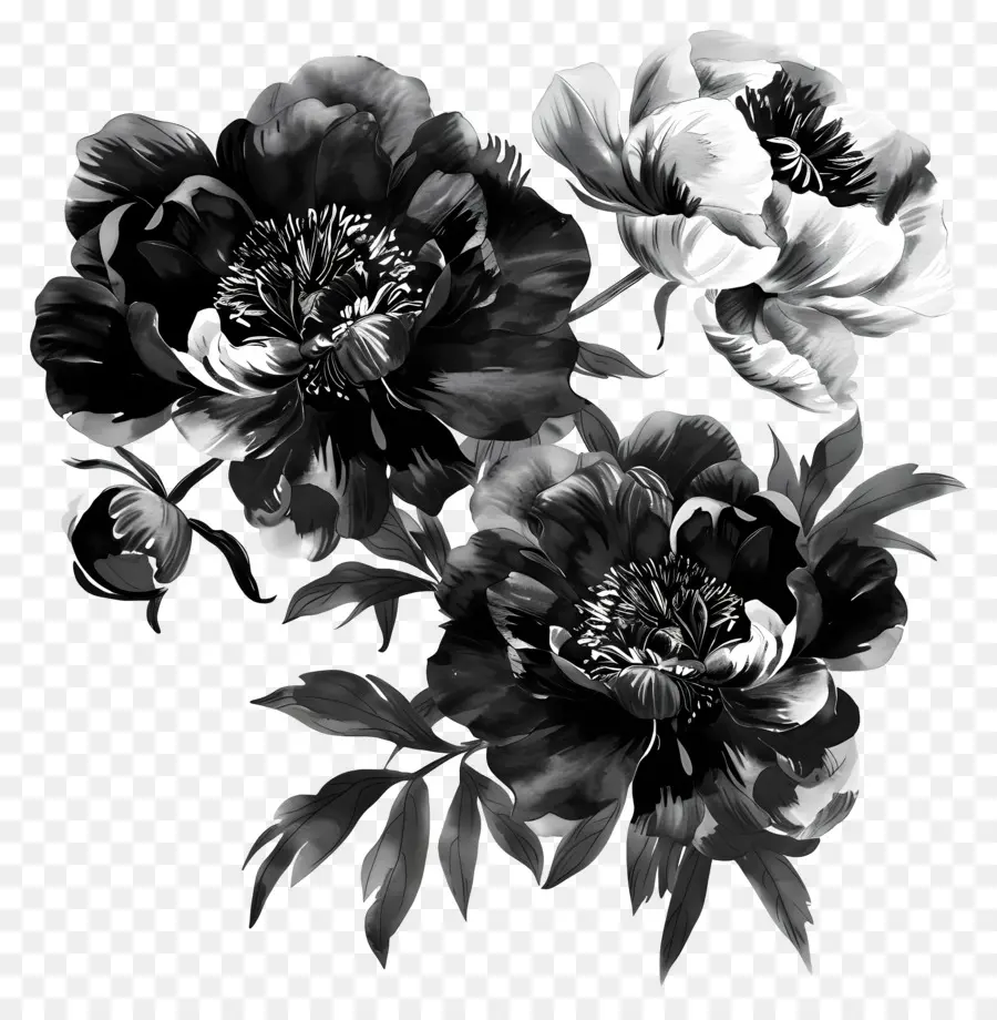 Peônias Negras，Flores Em Preto E Branco PNG