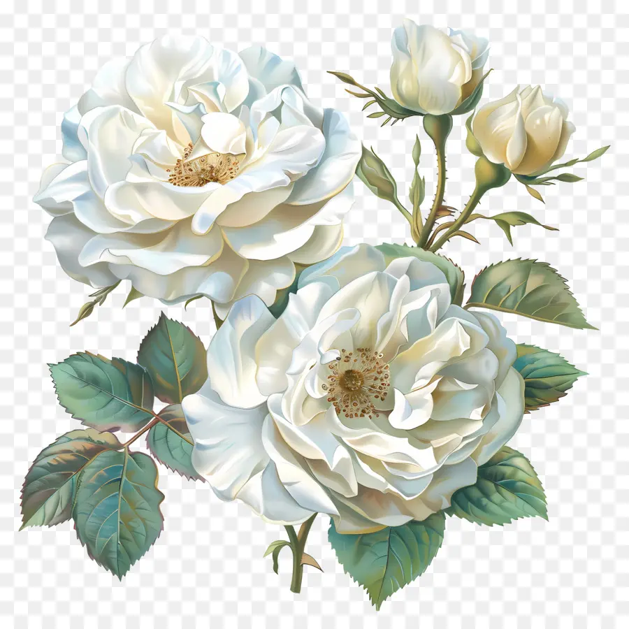 Rosas Brancas，Folhas Verdes PNG