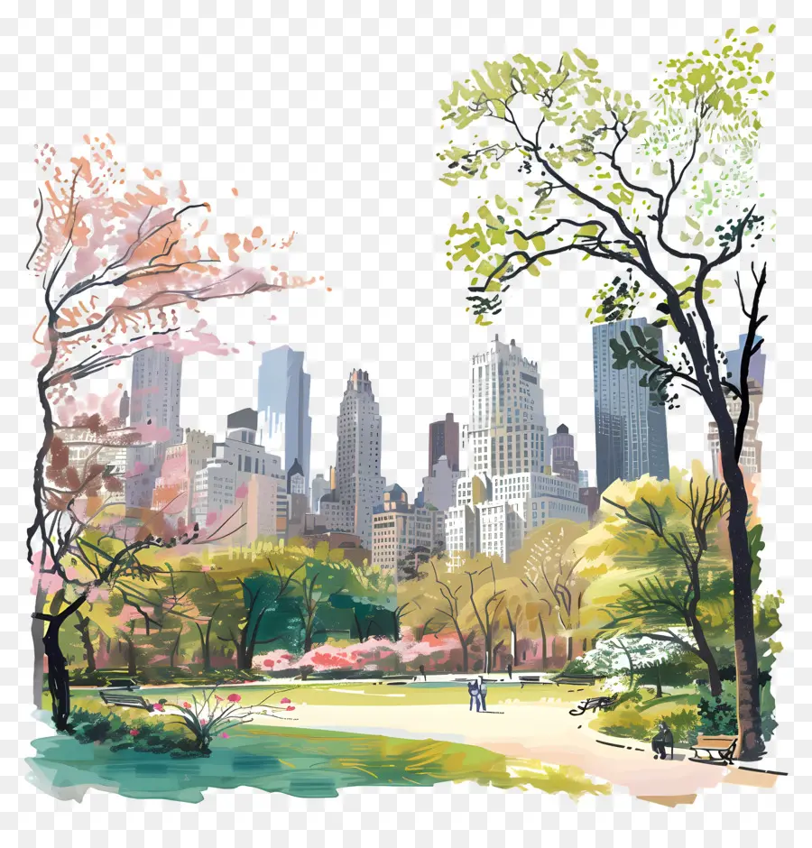 New York Central Park，Pintura Em Aquarela PNG