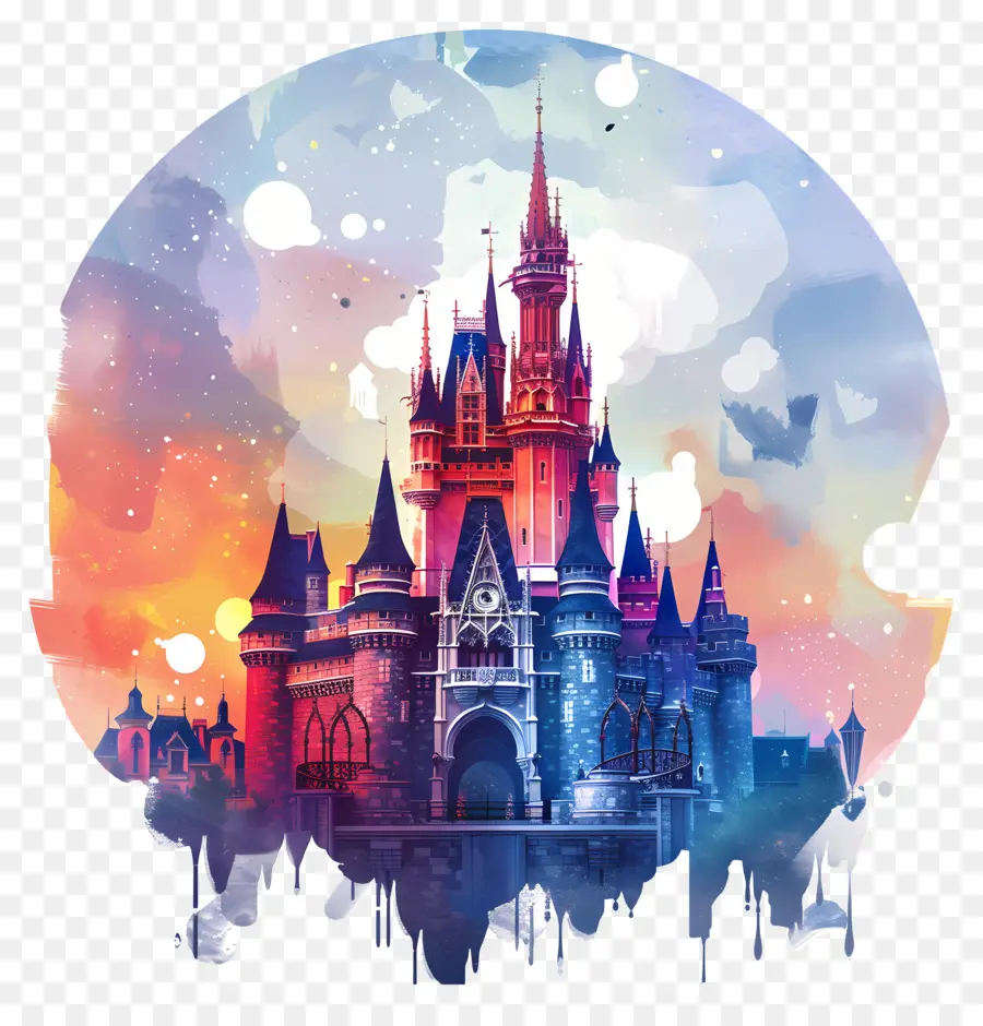 A Disney Castle，Pintura Em Aquarela PNG