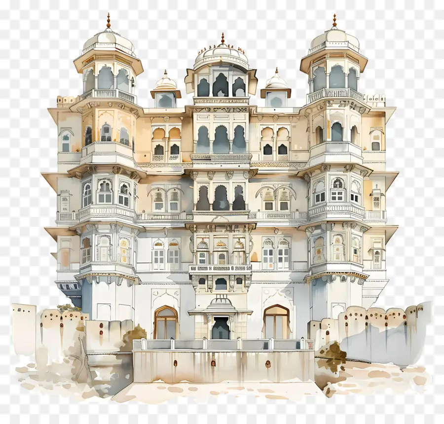 Palácio De Udaipur，Pintura Em Aquarela PNG