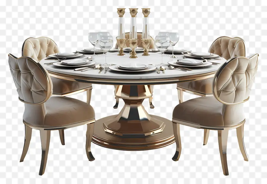 Mesa De Jantar，Conjunto De Mesa De Mármore Dourado E Branco PNG