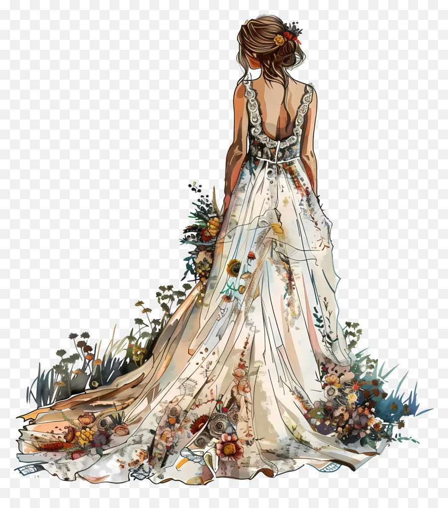 Vestido De Noiva Boêmio，Ilustração Em Aquarela PNG