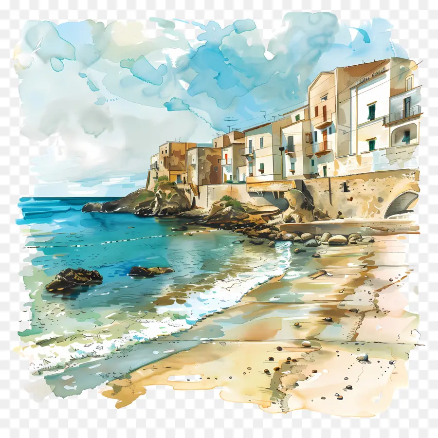 Sicília Praia，Pintura Da Cidade Costeira PNG