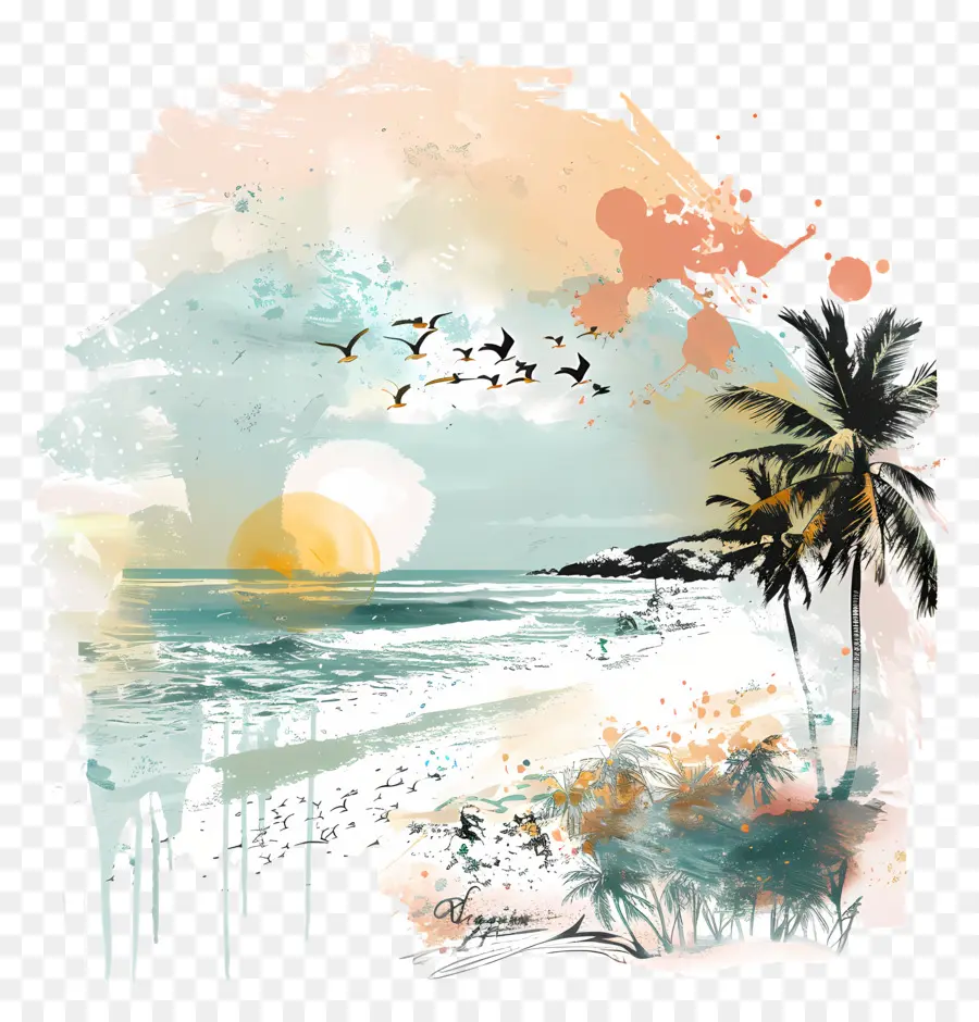 O Verão Começa，Pintura De Praia PNG