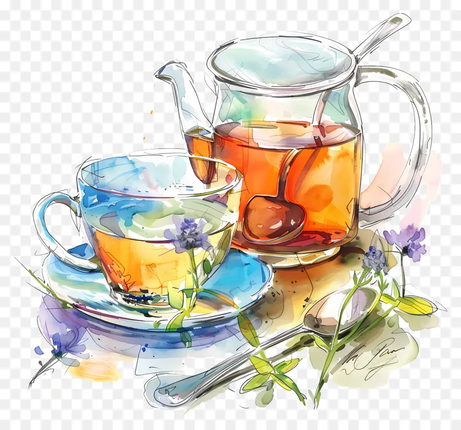 Chá，Pintura Em Aquarela PNG