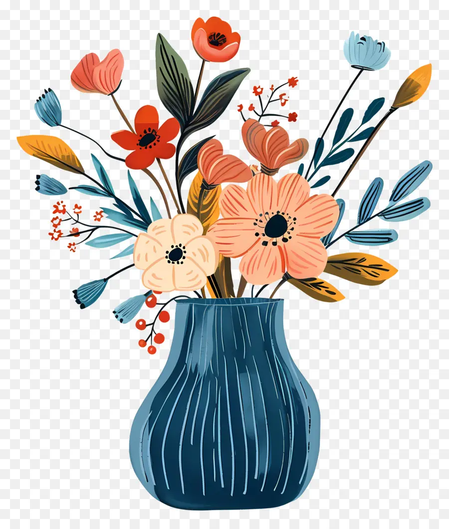 Vaso Azul，Flores Coloridas PNG