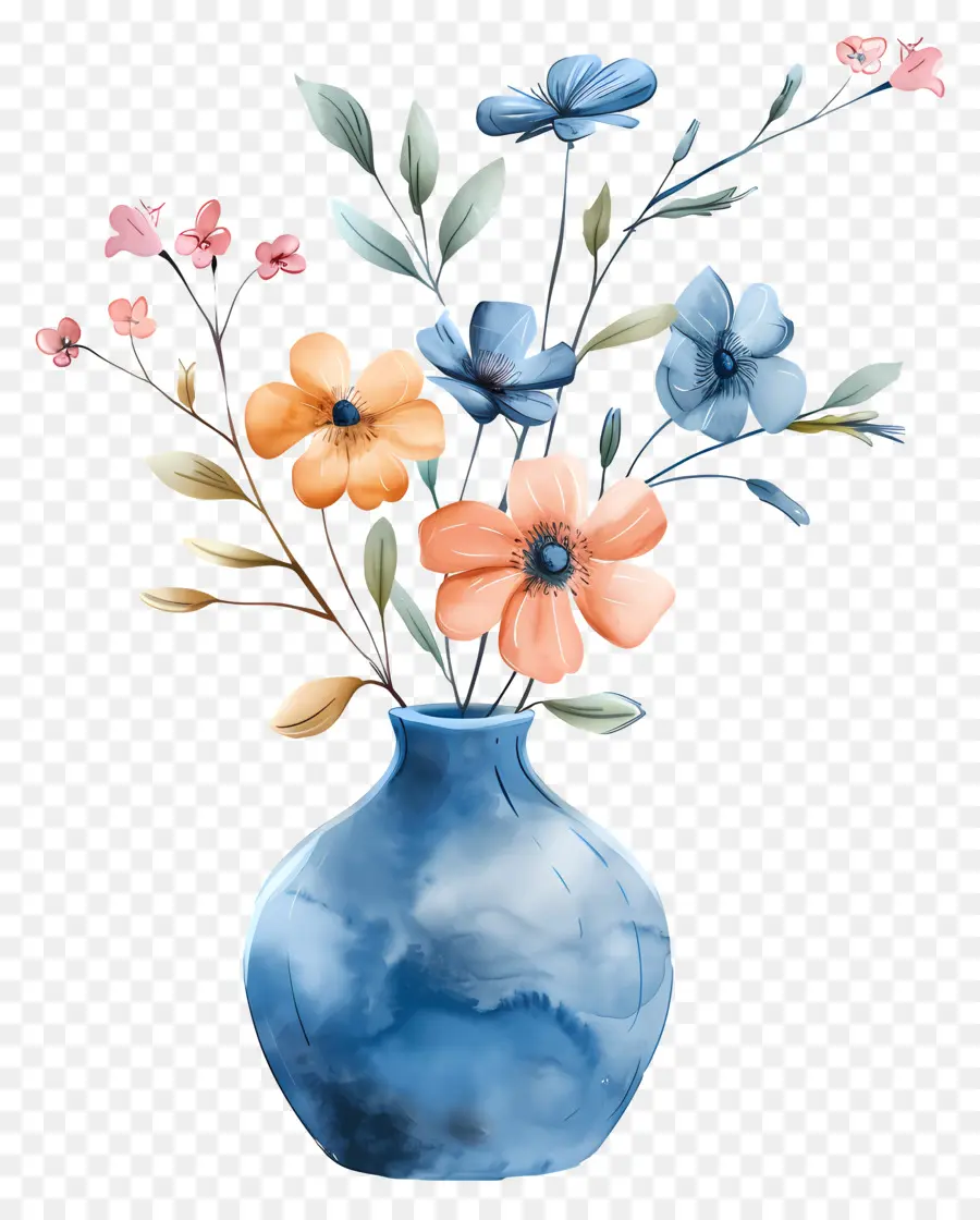 Vaso Azul，Aquarela Flores PNG