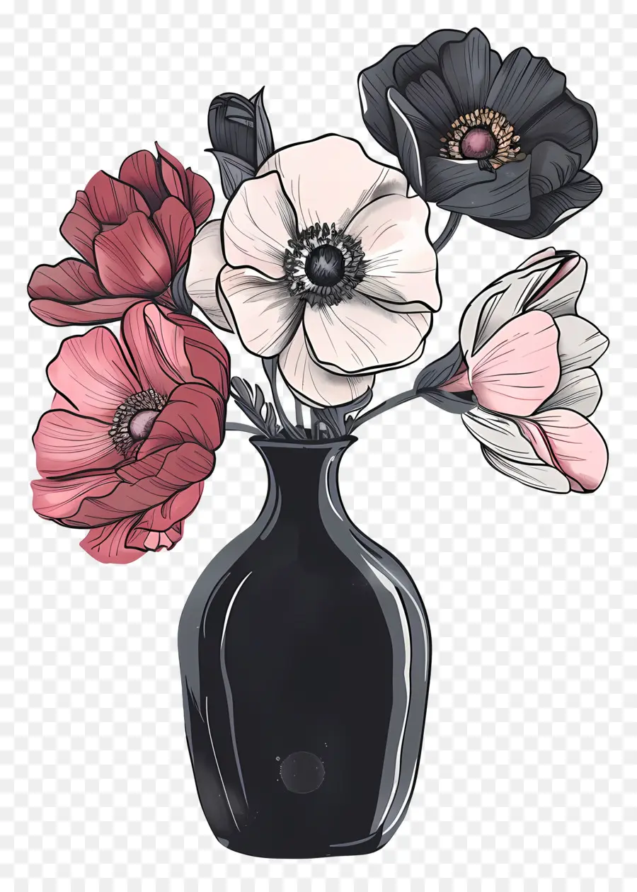 Negro Vaso，Cor De Rosa E Flores Brancas PNG