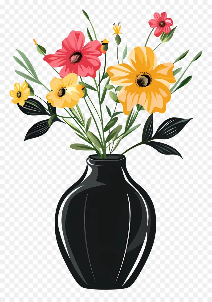 Negro Vaso，Flores Coloridas PNG