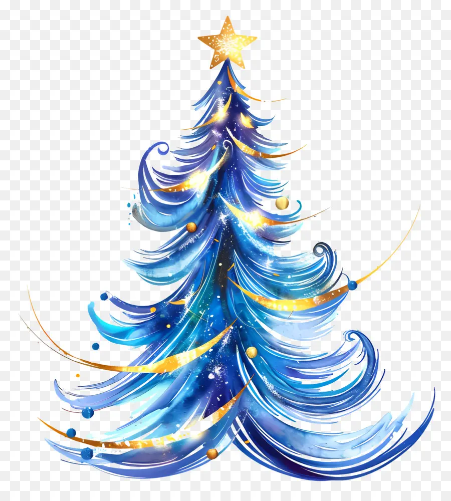 árvore De Natal，Aquarela Azul E Dourada PNG