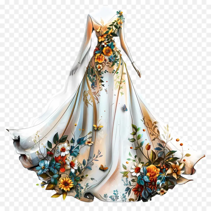 Vestido De Casamento Branco，Vestido De Padrão Floral PNG