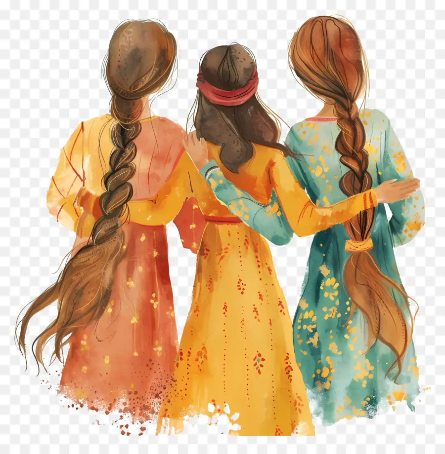 Mulheres Abraçando，Vestidos Coloridos PNG
