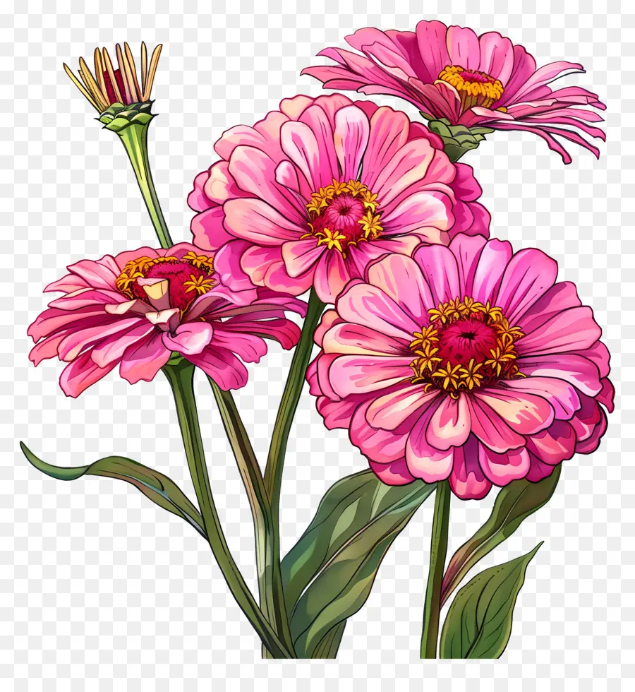 Zinnias Rosa，Flores Estilizadas PNG