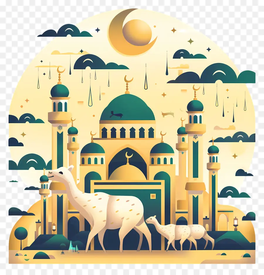 Eid Al Adha，Arquitetura Islâmica Com Camelos PNG