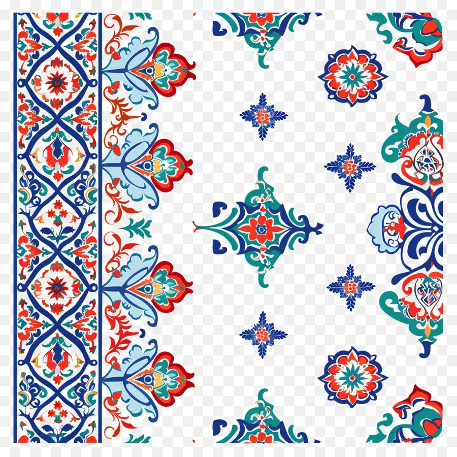 Motivo Fronteira Islâmica Padrão，Padrão Floral Azul E Vermelho PNG