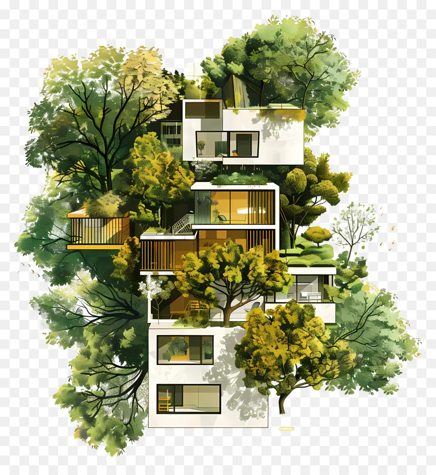 Arquitetura De árvore De Vista Superior，Modern GreenBuilt House PNG
