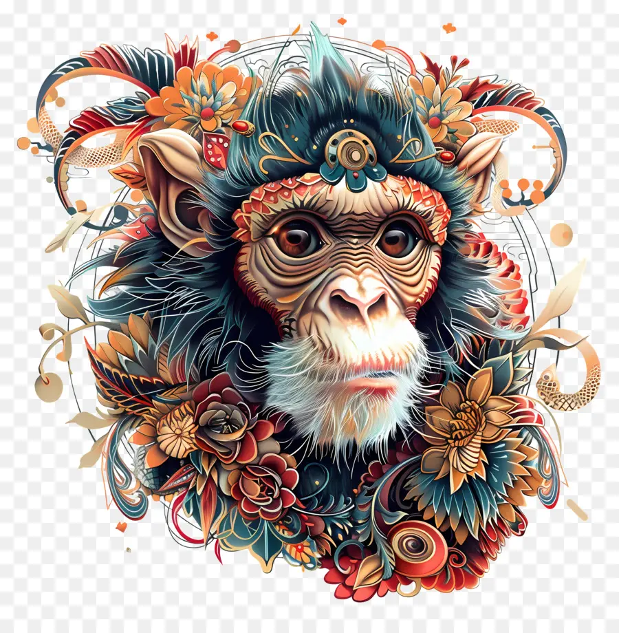 Zodíacos Chineses，Macaco Com Desenho Floral PNG