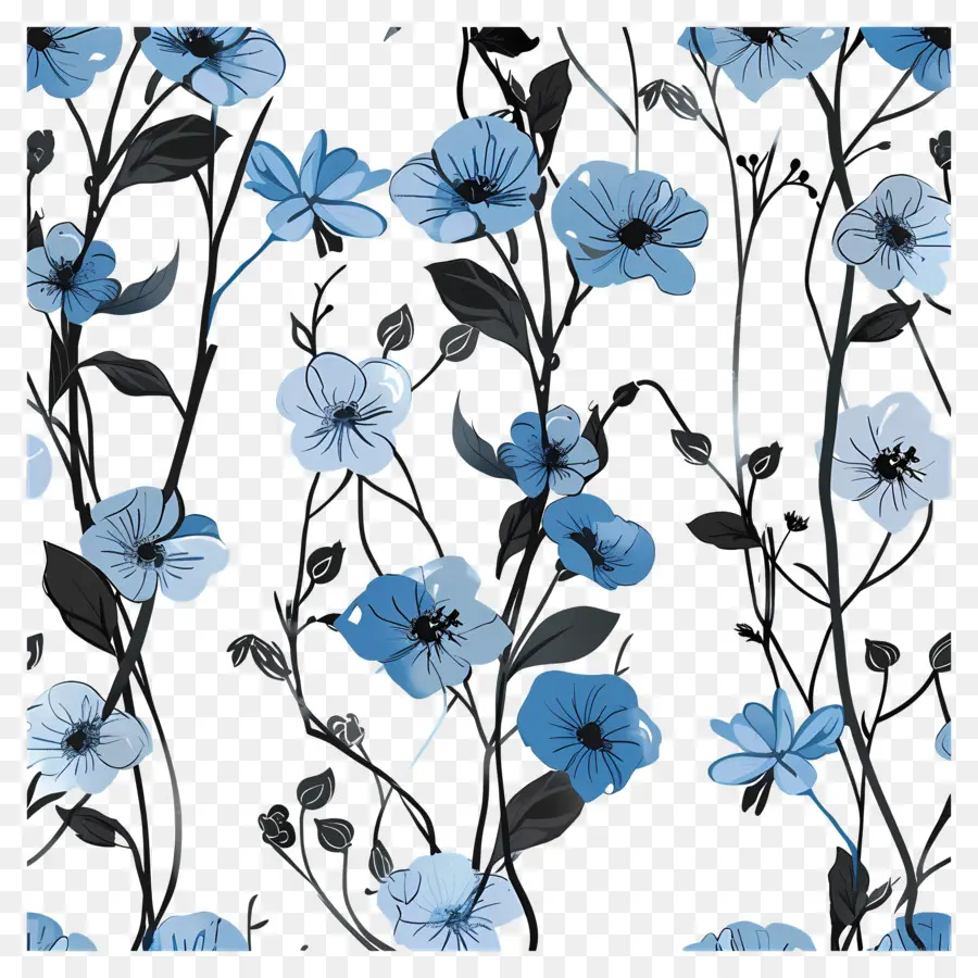 Flores Azuis，Preto E Branco Padrão Floral PNG