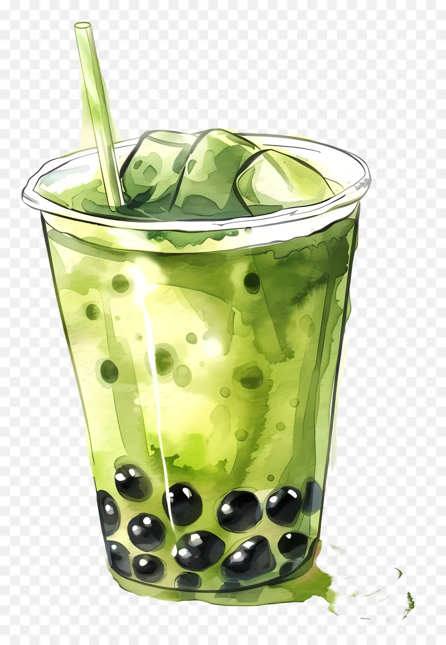 Chá De Bolha Matcha，Pintura Em Aquarela PNG