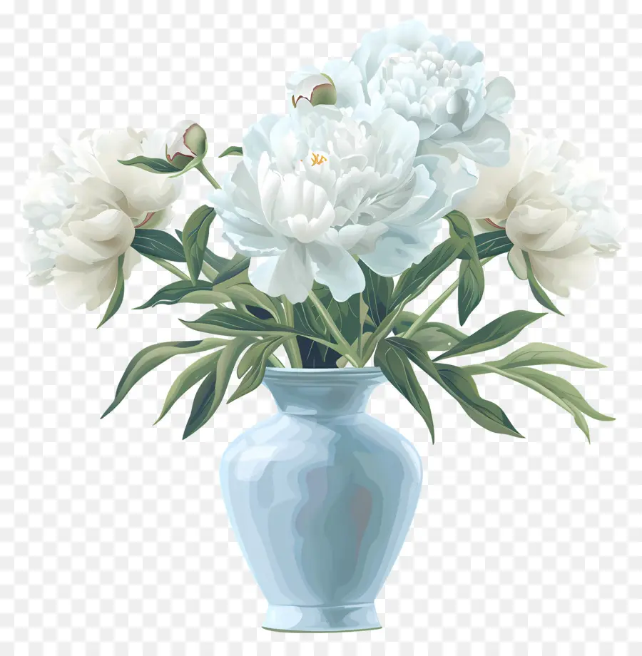 Branco Peônias，Vaso Azul De Porcelana PNG