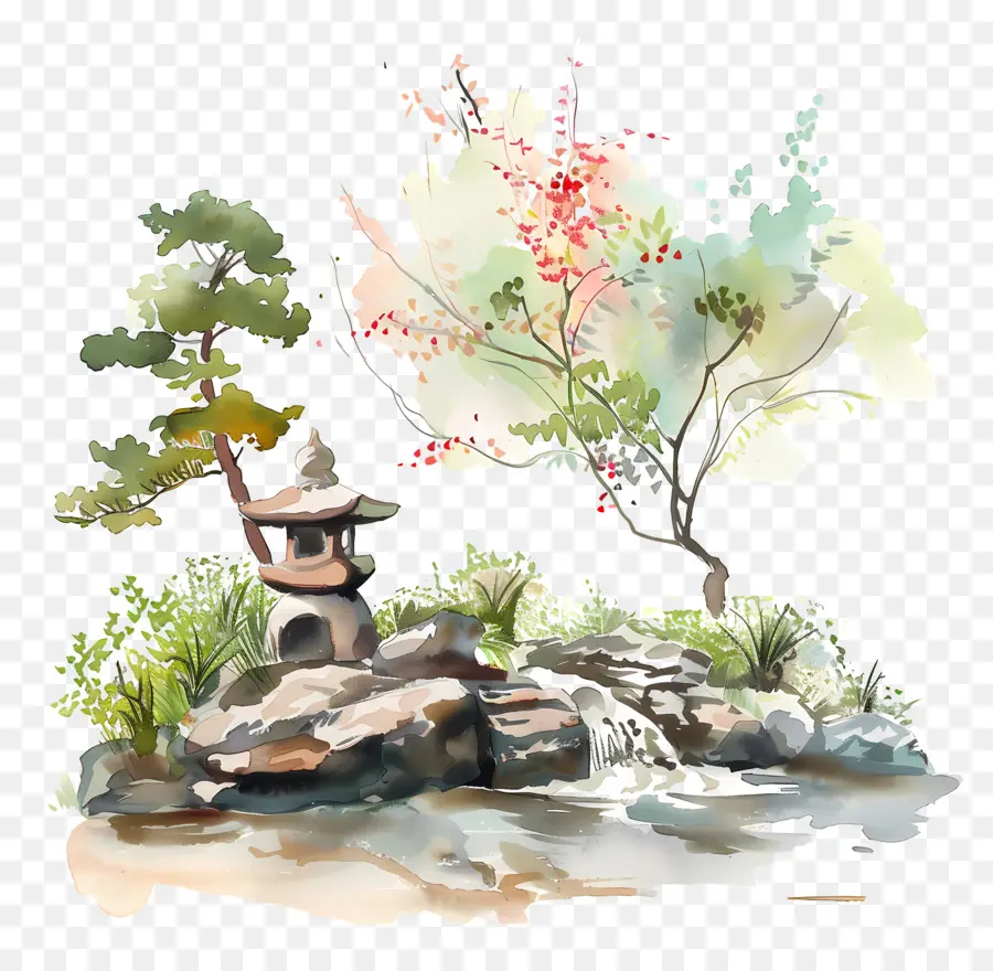 Jardim Zen，Pintura Em Aquarela PNG