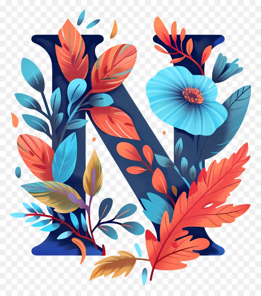 Letra N，Tipografia Floral PNG