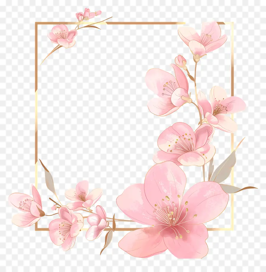 Quadro De Linha Dourada，Sakura Flores PNG