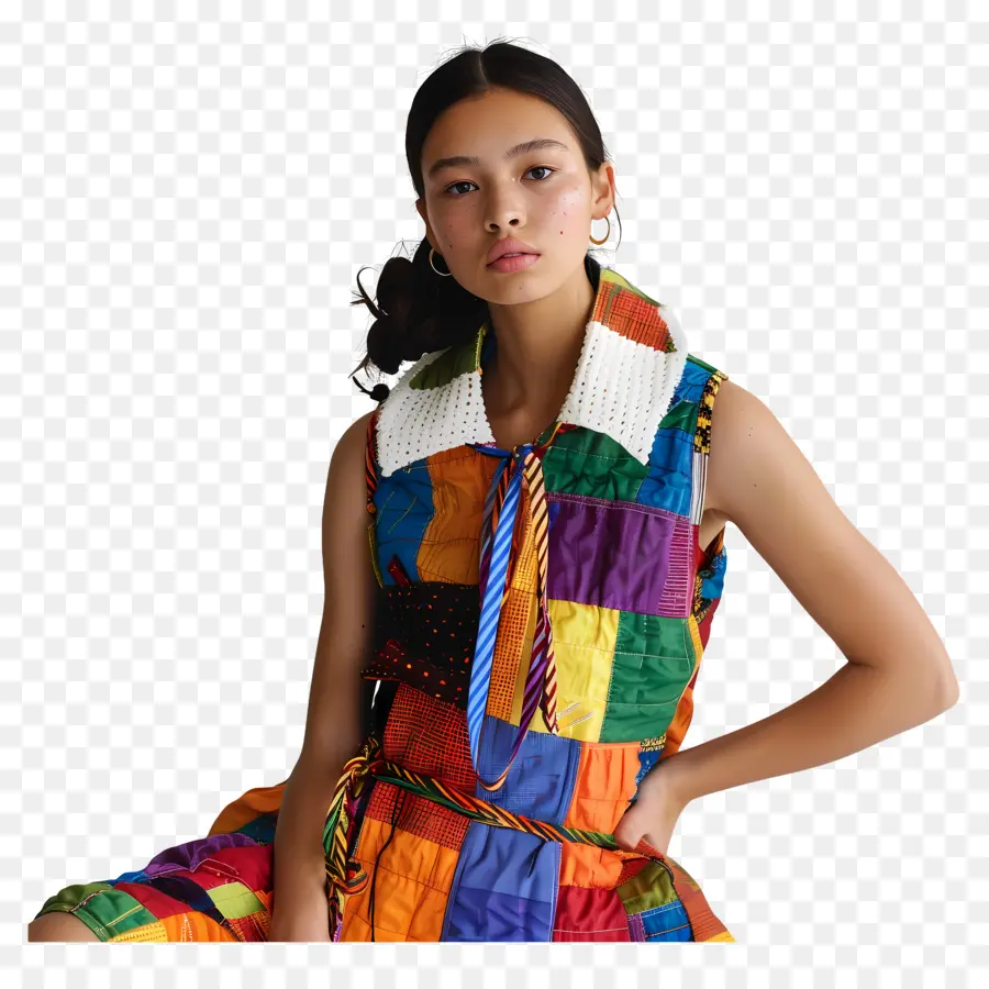 Menina Da Moda，Vestido Patchwork PNG