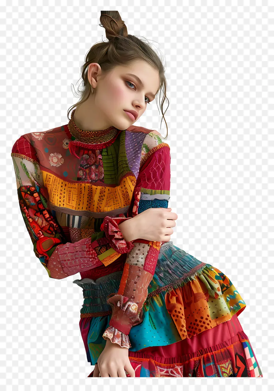 Menina Da Moda，Mulher Com Vestido Colorido PNG