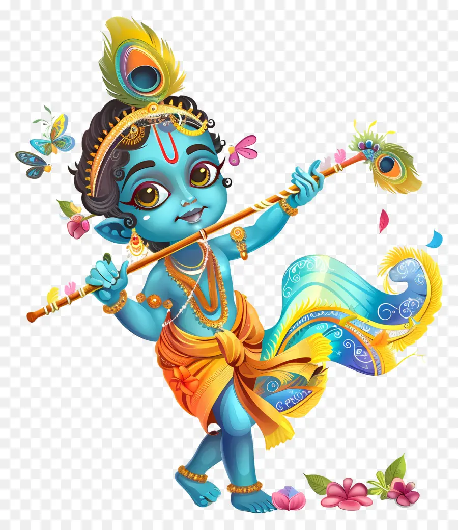 Krishna Janmashtami，Criança Azul Com Flauta PNG