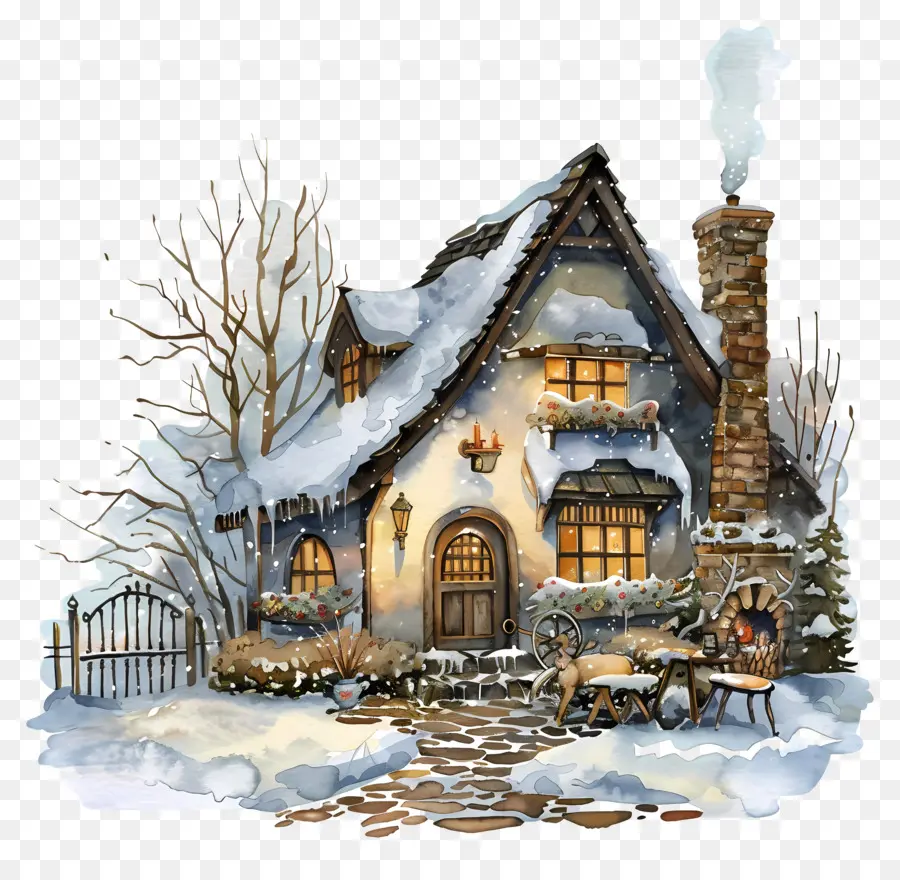 Casa De Inverno，Pintura Em Casa Nevada PNG